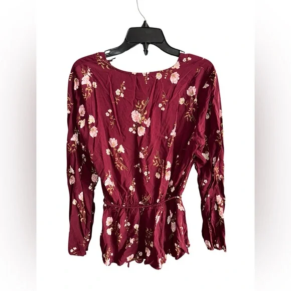 Old Navy Burgundy Floral Long Sleeve Tie-Waist Blouse - Large Tall - Picture 3 of 7